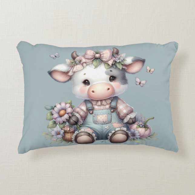 Coussins Décoratifs Joli Veau Bébé Pastel en Salopette avec des Fleurs (Devant)