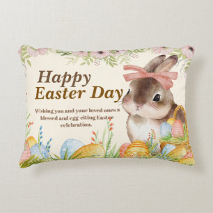 Coussins Décoratifs Joyeuse fête de Pâques au lavis floral Lapin avec