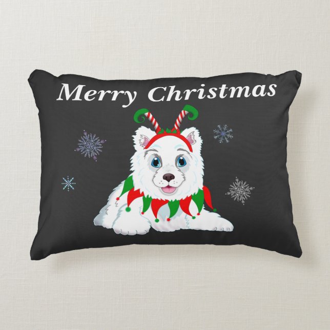 Coussins Décoratifs Joyeux Noël Samoyed avec un bandeau d'elfe  (Devant)