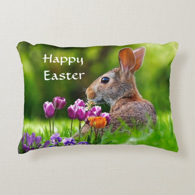 Coussins Décoratifs Lapin et Tulipes Joyeuses Pâques  (Devant)