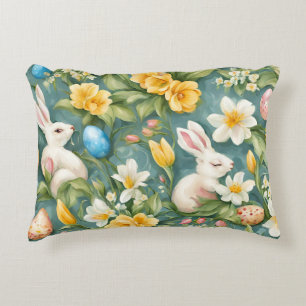 Coussins Décoratifs lapins, fleurs de printemps et oeufs de Pâques. Pe