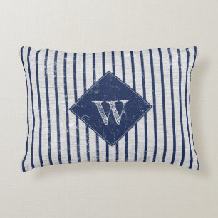 Coussins Décoratifs Lin gris rustique et rayures bleu marine Monogramm