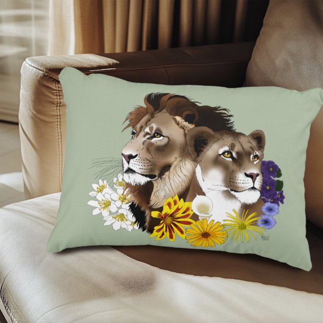 Coussins Décoratifs Lion Lionne Floral Vert  (Créateur téléchargé)