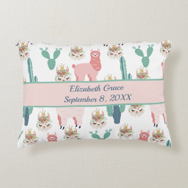 Coussins Décoratifs Llama rose mignonne et cactus vert personnalisés (Devant)