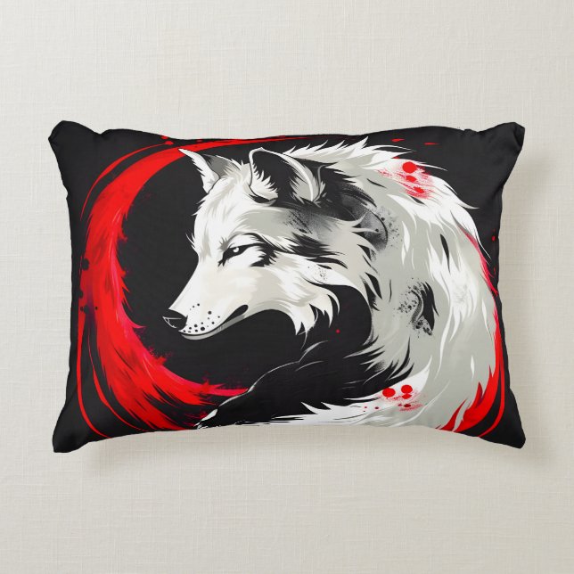 Coussins Décoratifs Loup blanc rouge lunaire (Devant)