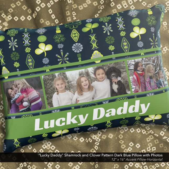 Coussins Décoratifs "Lucky Daddy" Shamrock Clover Motif Photo bleue ("Lucky Daddy" Shamrock and Clover Dark Blue Pattern Pillow: Personalize with six different photos)