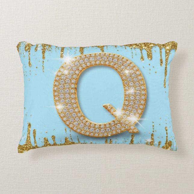 Coussins Décoratifs Luxury Diamond Letter Q on Gold Glitter Background (Devant)