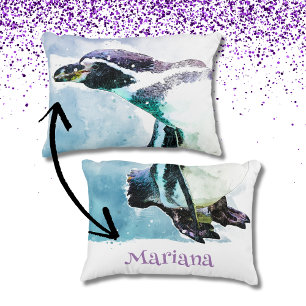 Coussins Décoratifs Manchot Mignon Aquarelle Noir et Blanc Nom
