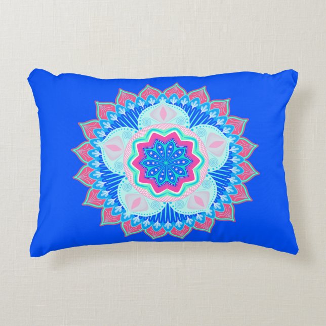Coussins Décoratifs Mandala bleu rose sur fond bleu (Devant)
