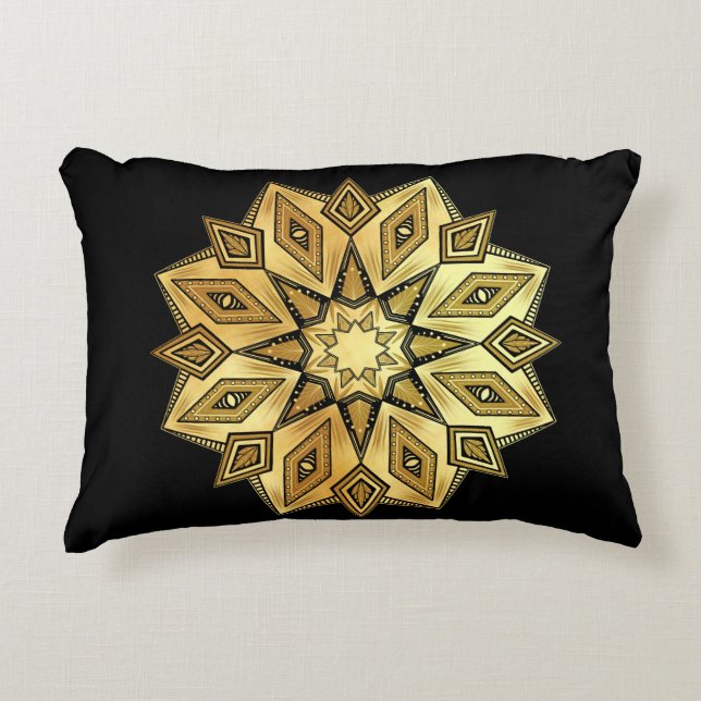 Coussins Décoratifs Mandala Étoile Dorée sur Fond Noir (Devant)