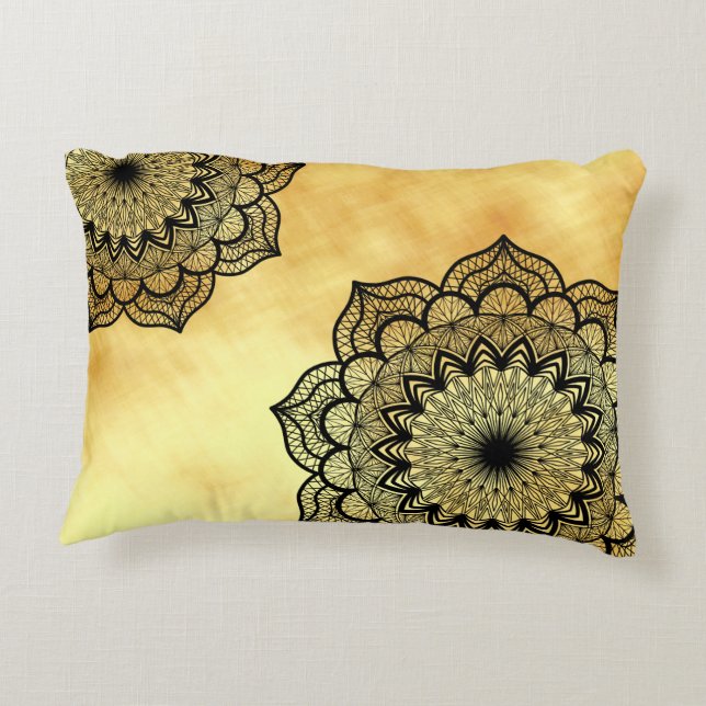 Coussins Décoratifs Mandala noir sur fond or doux (Dos)