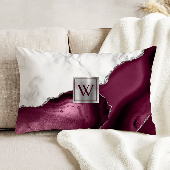 Coussins Décoratifs Marbre Blanc Agate Bourgogne Monogramme Argent (Créateur téléchargé)