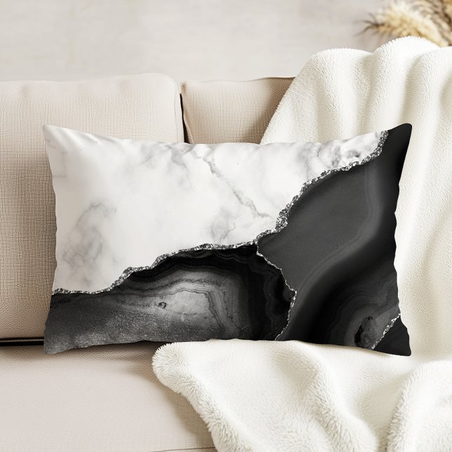 Coussins Décoratifs Marbre Blanc Agate Noire Paillettes Argentées (Créateur téléchargé)