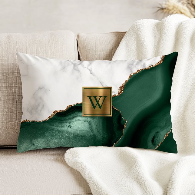 Coussins Décoratifs Marbre blanc émeraude doré vert Agate Monogramme (Créateur téléchargé)