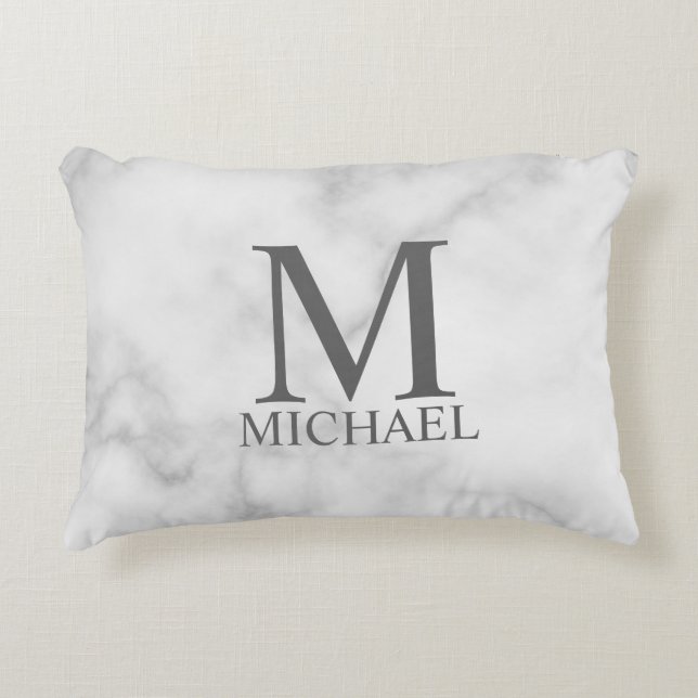 Coussins Décoratifs Marbre Blanc Monogramme et Nom Personnalisés (Devant)