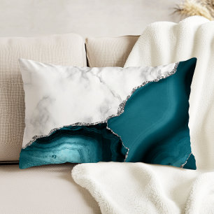 Coussins Décoratifs Marbre Blanc Paillettes Argent Agate Sarcelle