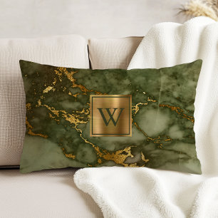 Coussins Décoratifs Marbre Vert Olive Monogramme Feuille d'Or Fausse