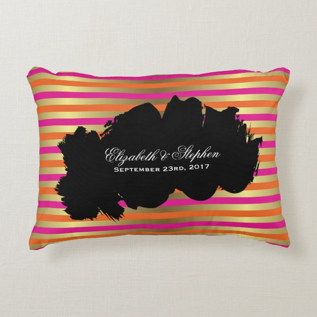 Coussins Décoratifs Mariage aux rayures métalliques roses, orange et o (Devant)