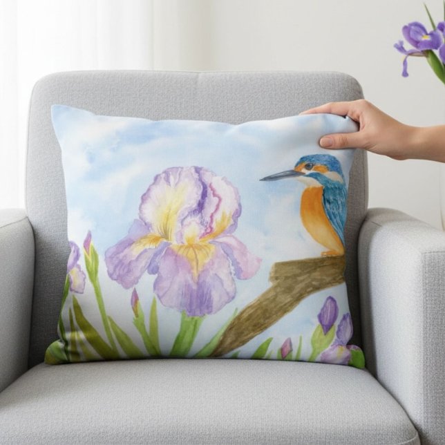 Coussins Décoratifs Martin-pêcheur à l'aquarelle avec iris violets (Créateur téléchargé)