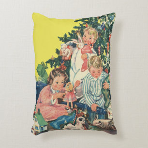 Coussins Décoratifs Matin de Noël vintage, enfants ouvrant des cadeaux