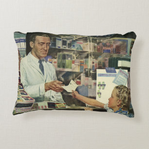 Coussins Décoratifs Médecine vintage, pharmacien et fille à la pharmac