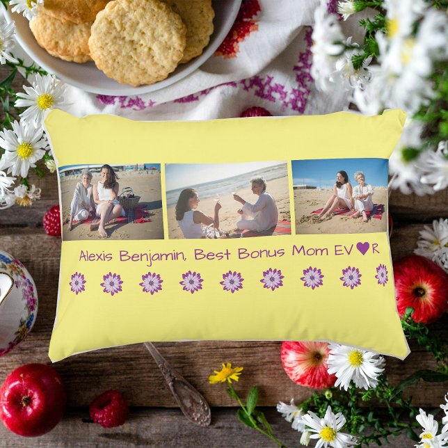 Coussins Décoratifs Meilleur Bonus Maman Ever, avec Coeur. Nom + 3 pho (Best Bonus Mom Ever. Heart. Personalized Name. 3 photos collage. Mother's Day. Stepmom Second mother)