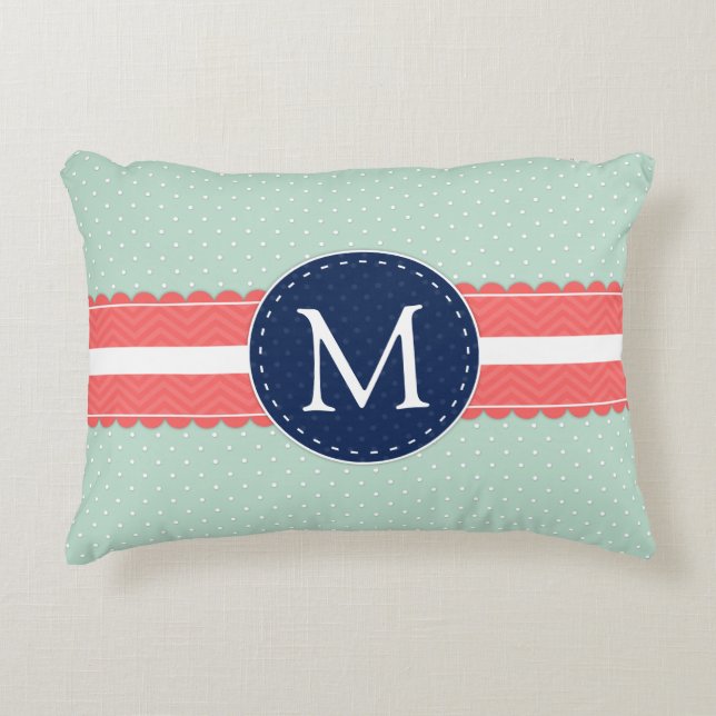 Coussins Décoratifs Mint Polka Point Motif Coral Navy Blue Monogramme (Devant)