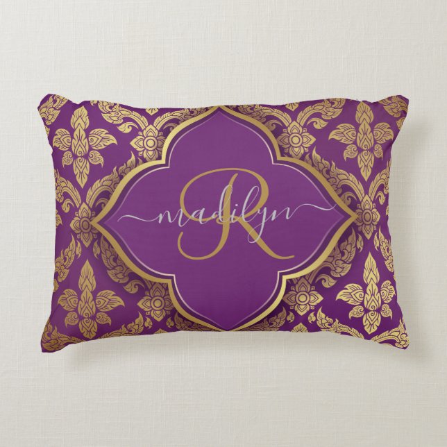 Coussins Décoratifs Modèle Royal Purple Gold Damask Motif Fleur Monogr (Devant)