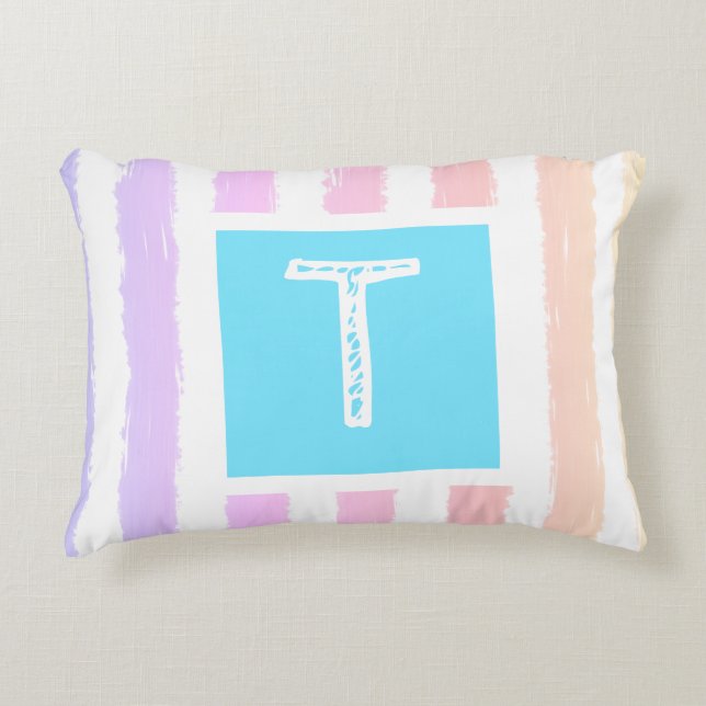 Coussins Décoratifs Monogramme bleu rose aquarelle rayures  (Devant)