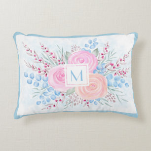 Coussins Décoratifs Monogramme Bouquet d'aquarelle Roses roses Bleues