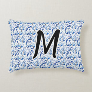 Coussins Décoratifs Monogramme d'art fin en mosaïque de feuilles bleue
