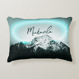 Coussins Décoratifs Monogramme de lumière de néon bleu mystérieux de m