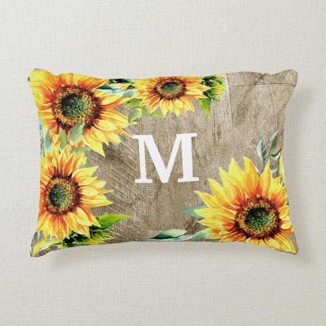 Coussins Décoratifs Monogramme de tournesol jaune en bois rustique (Devant)