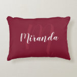 Coussins Décoratifs Monogramme et nom personnalisé moderne Bourgogne R<br><div class="desc">Monogramme personnalisé et cadeau de nom avec nom personnalisé dans le style de police de script moderne blanc et monogramme dans le style de police de script moderne rouge bordeaux clair comme arrière - plan sur arrière - plan rouge bordeaux. Parfait comme cadeau de vacances, les faveurs de réunion familiale,...</div>