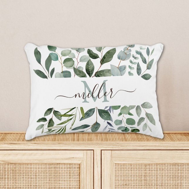 Coussins Décoratifs Monogramme feuilles de verdure d'eucalyptus vert s (In situ)