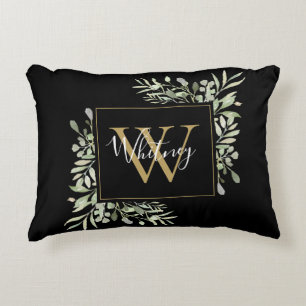 Coussins Décoratifs Monogramme floral personnalisé en or noir