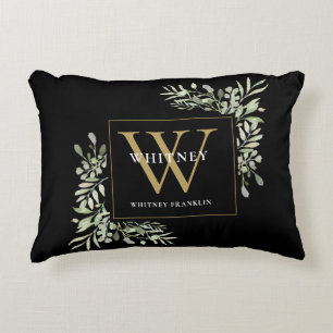 Coussins Décoratifs Monogramme initial doré de verdure moderne noir
