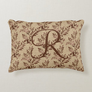 Coussins Décoratifs Monogramme initiale écriture rose marron feuilles 
