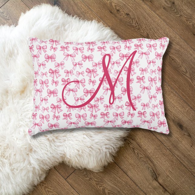 Coussins Décoratifs Monogramme Initiale Rose Nœud Coquette Esthétique  (Pink bow Monogrammed Initial preppy girls coquette aesthetic accent pillow. Girls bedroom Nursery)