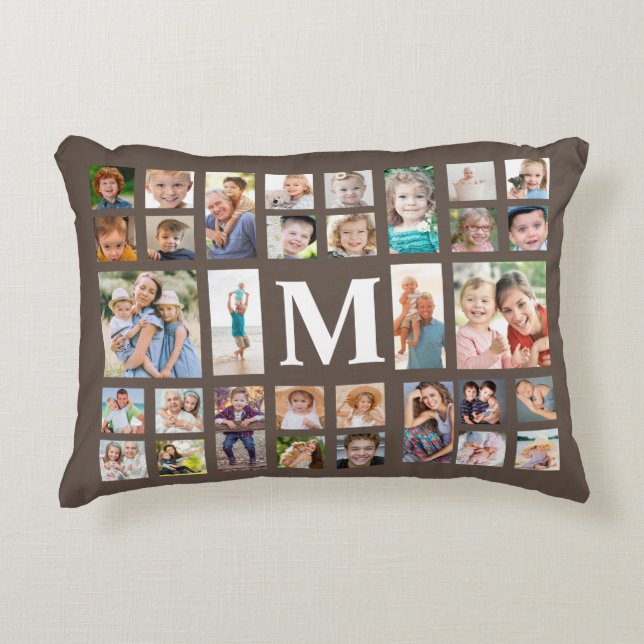 Coussins Décoratifs Monogramme moderne 32 Famille Photo Collage Brown (Devant)