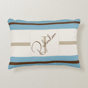 Coussins Décoratifs Monogramme personnalisé bleu marron rayé Coastal
