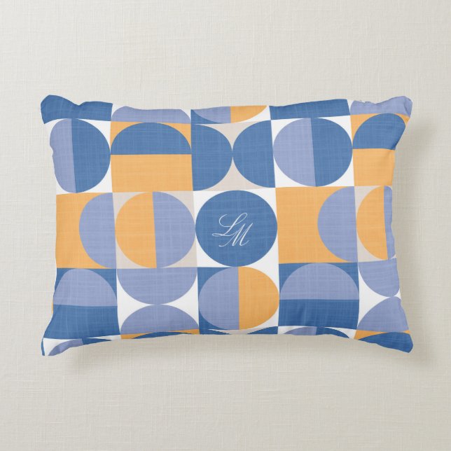 Coussins Décoratifs Monogramme Rétro Bleu Jaune Cercles Milieu de Sièc (Devant)