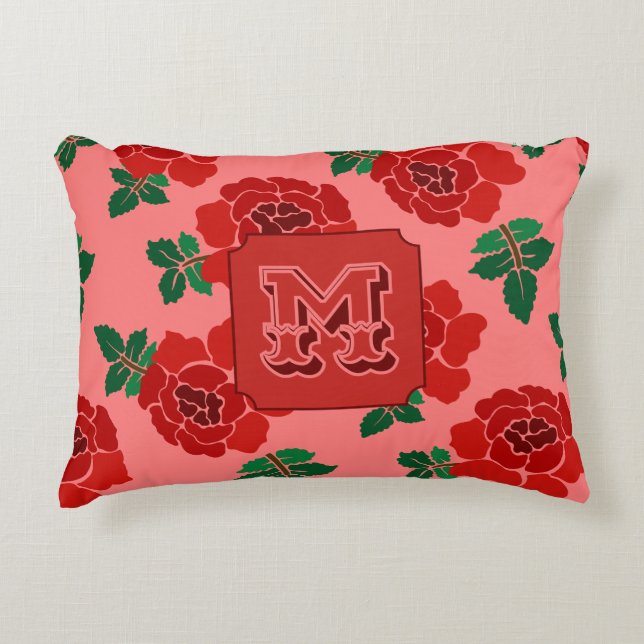 Coussins Décoratifs Monogramme Roses Rouges  (Devant)