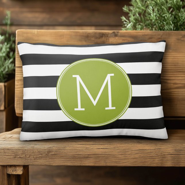 Coussins Décoratifs Monogramme vert Motif rayé noir et blanc (Custom Monogram Pillow)