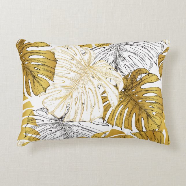 Coussins Décoratifs Monstera Feuilles : Blanc doré (Devant)
