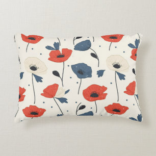 Coussins Décoratifs Motif de Poppies d'aquarelle - Rouge, Bleu et Blan