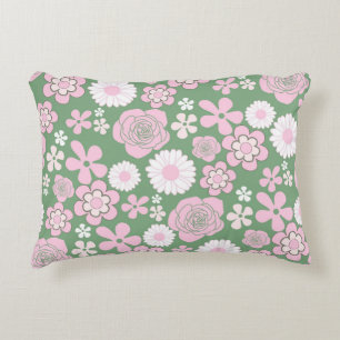 Coussins Décoratifs Motif Fleur Rétro Y2K Années 70 Vert Rose Blanc
