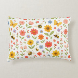 Coussins Décoratifs Motif floral et abeille rose orange jaune