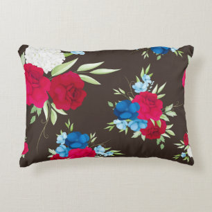 Coussins Décoratifs Motif floral rouge bleu élégant sur fond brun fonc