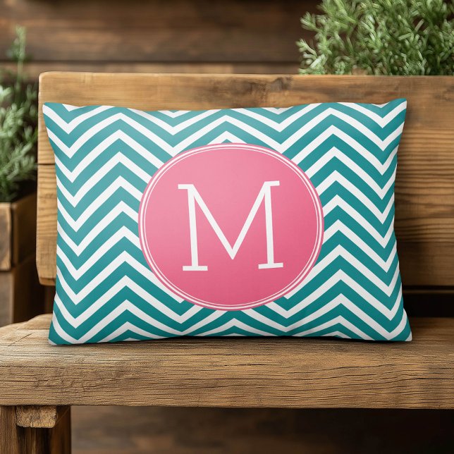 Coussins Décoratifs Motif Girl Chevron avec Monogramme - Turquoise ros (Cute Monogram Accent Pillow)